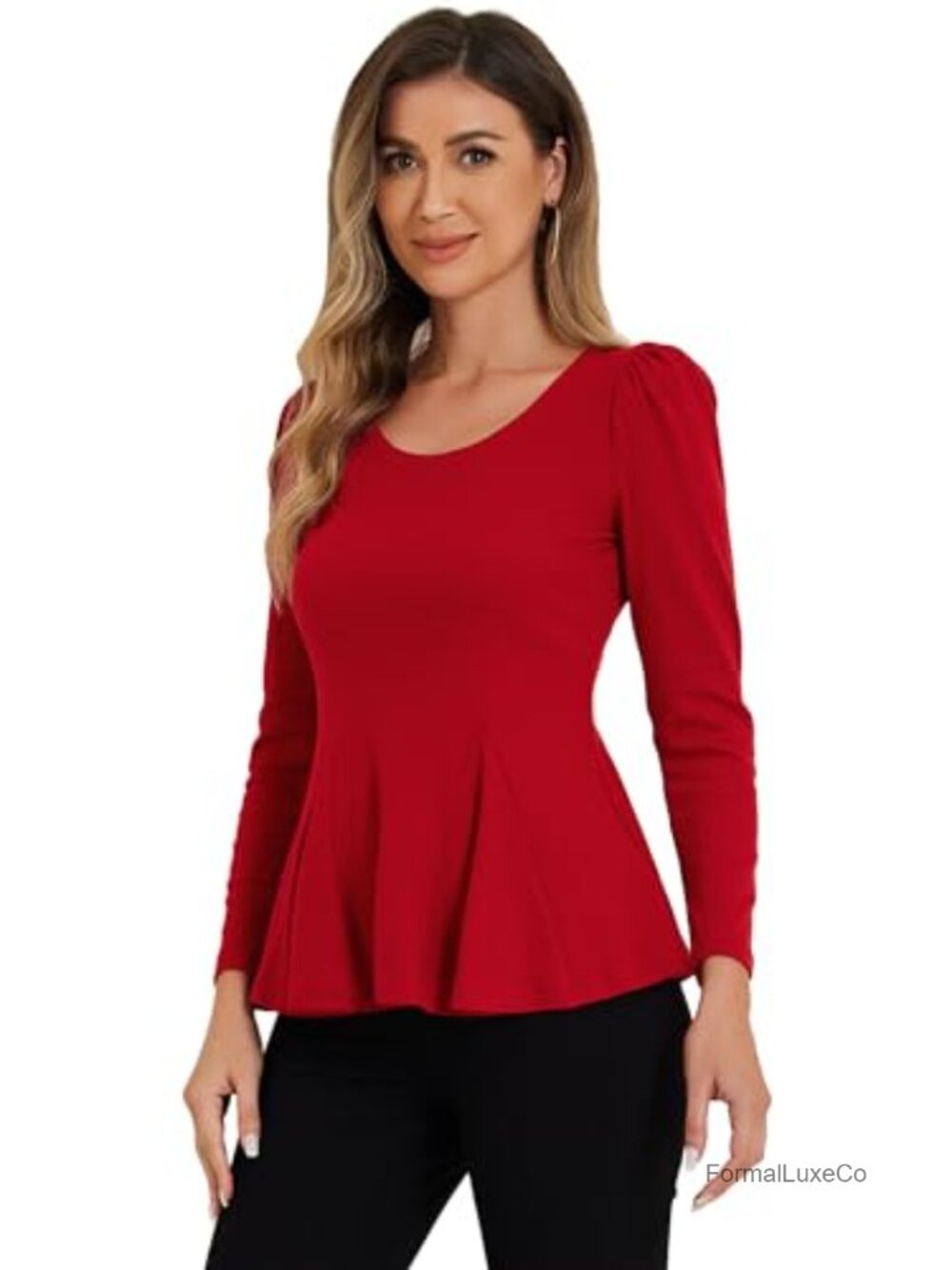 Ruffled Hem Long Sleeve Scoop Neck Peplum Top